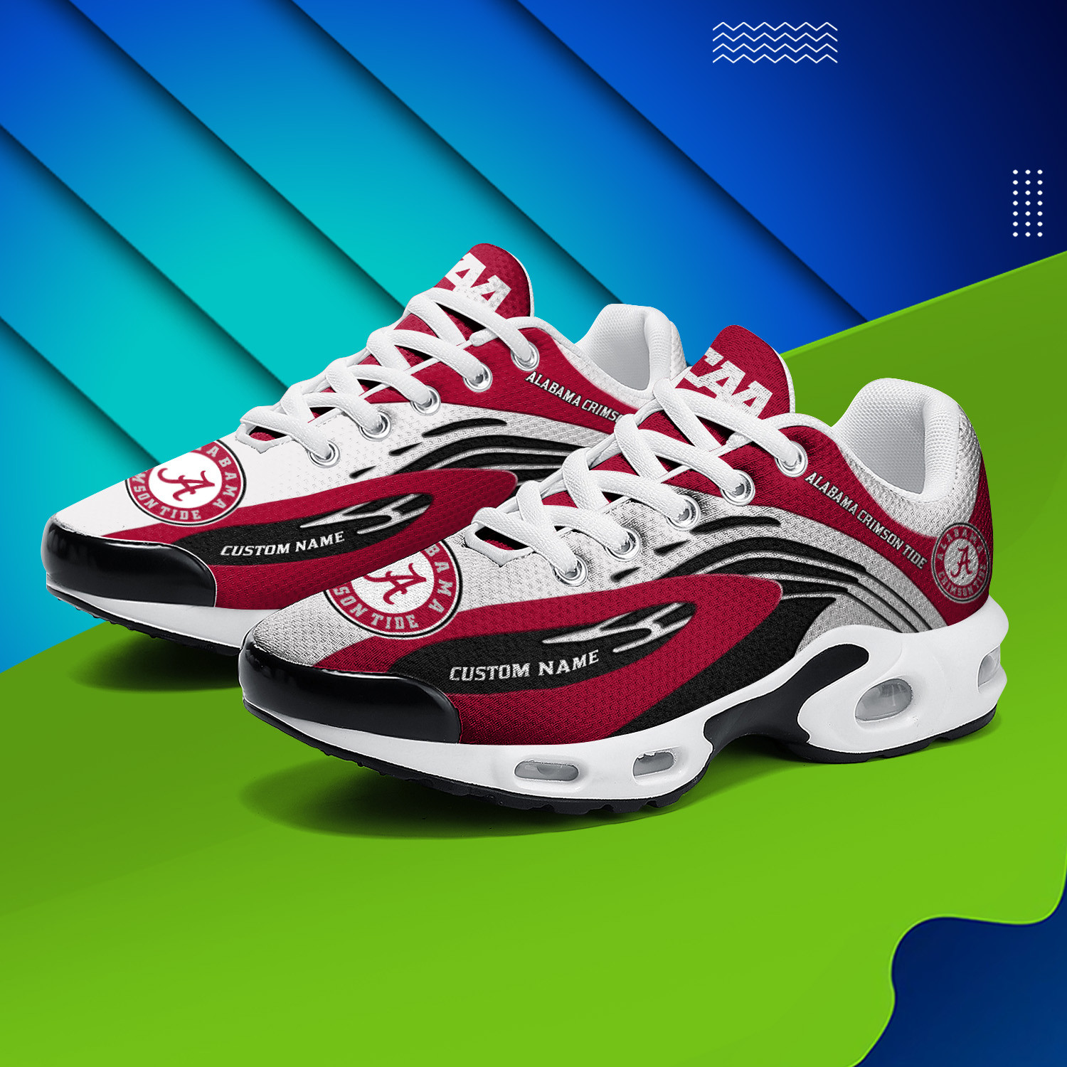 Alabama Crimson Tide Personalized Name Team Logo Mix Colors Wave Line TN Air Max Shoes Air Cushion Sneakers