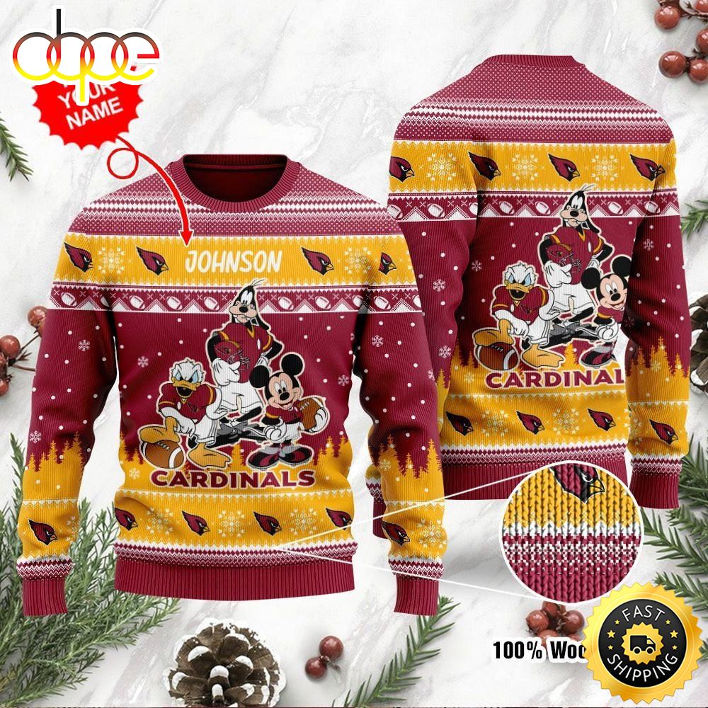 Arizona Cardinals Disney Donald Duck Mickey Mouse Goofy Personalized Ugly Christmas Sweater Perfect Holiday Gift