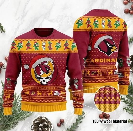 Arizona Cardinals Grateful Dead SKull And Bears Custom Name Football Christmas Ugly Sweater