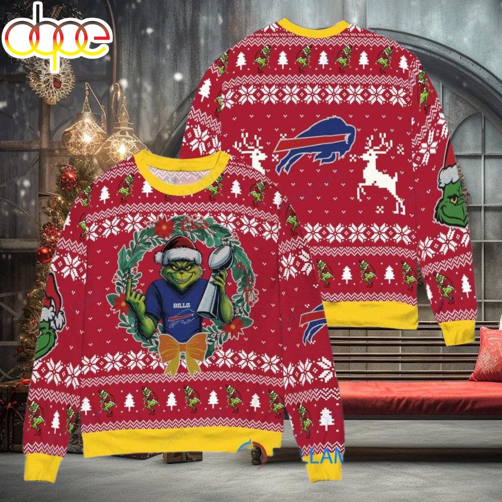 Buffalo Bills x Grinch Grinch Super Bowl Trophy Ugly Christmas Sweater