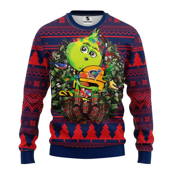 Columbus Blue Jackets Grinch Hug Ugly Christmas Sweater, Grinch Xmas Sweater